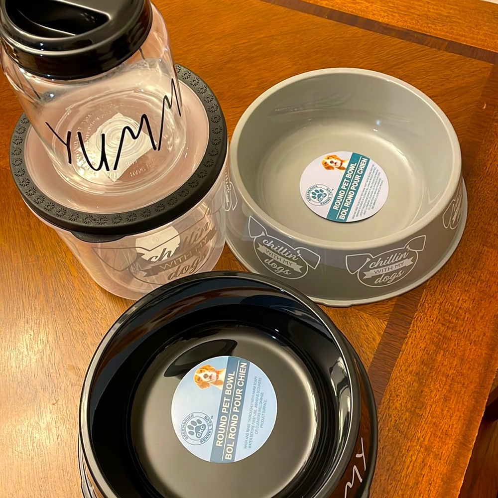 New two large dog bowls, one pet food jar, one small pet food jar